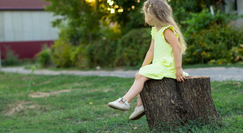 alone little girl sitting on a tree stump, child turned away  looking away into the distance